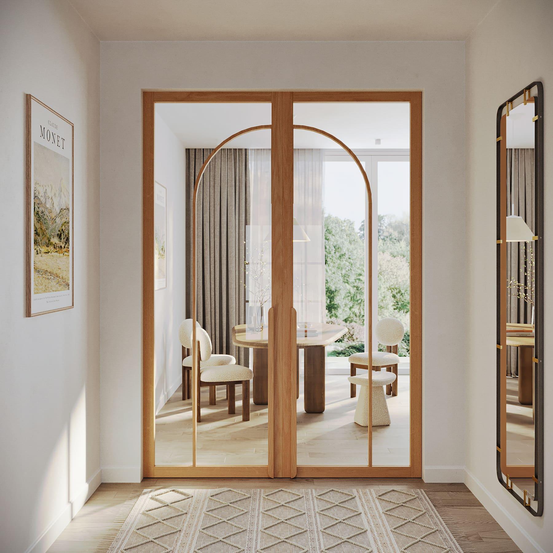 Dubbele houten deur met transparant veiligheidsglas