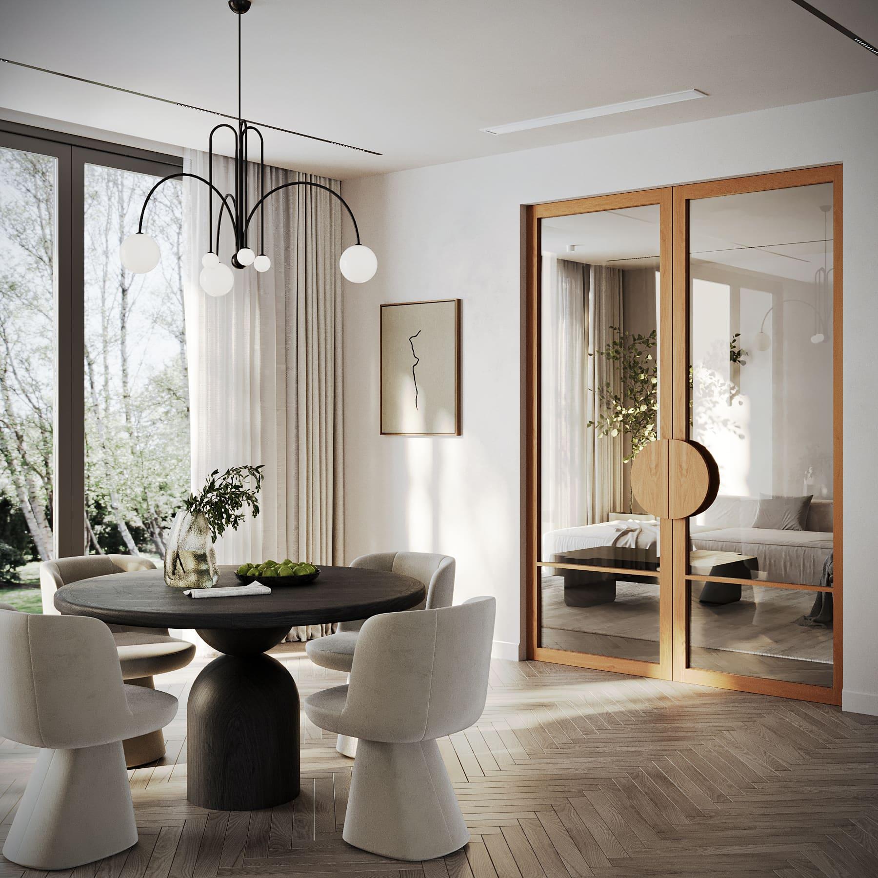 Gezellige woonkamer met een houten deur dicht